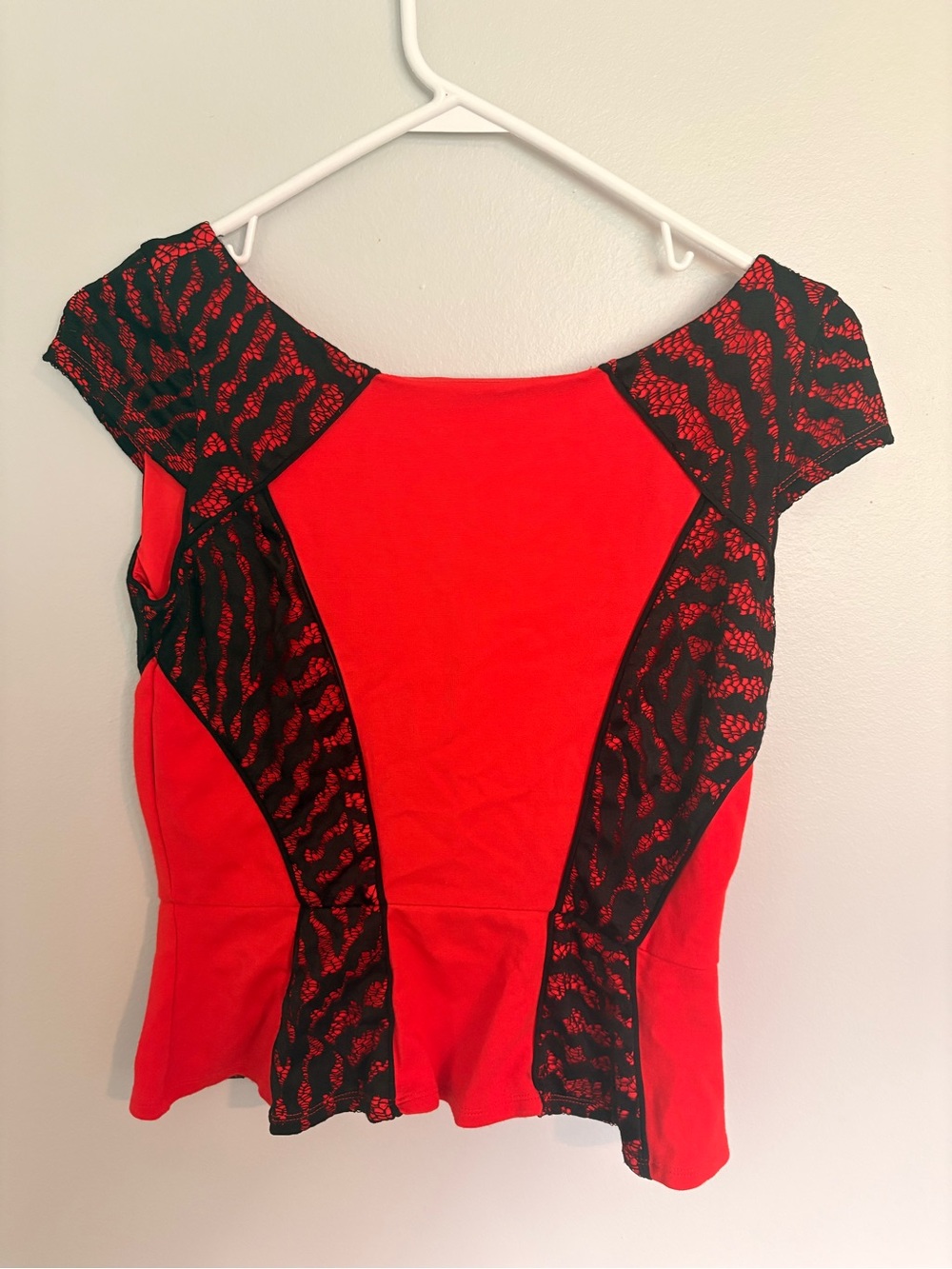 bebe Red Peplum Top with Black Lace-Overlay Panels